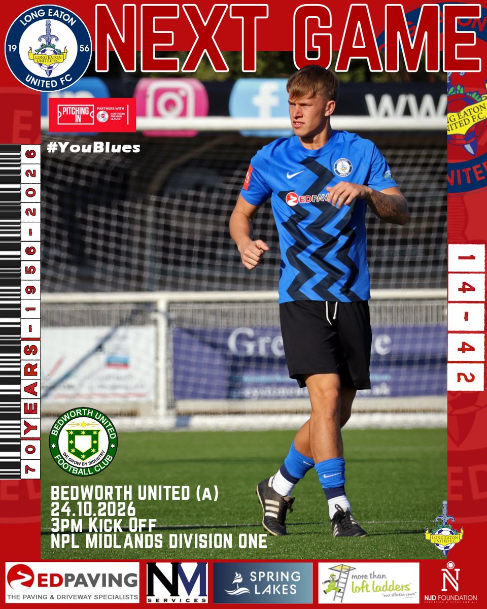 LongEatonUnited's tweet photo. 𝗡𝗘𝗫𝗧 𝗚𝗔𝗠𝗘🗓

🆚 Bedworth United
📅 Saturday 24th October 2026
🕒 3pm
🏟 The Oval
📍 CV12 8NN

#YouBlues 🔵⚫️ https://t.co/stQp2prGGK
