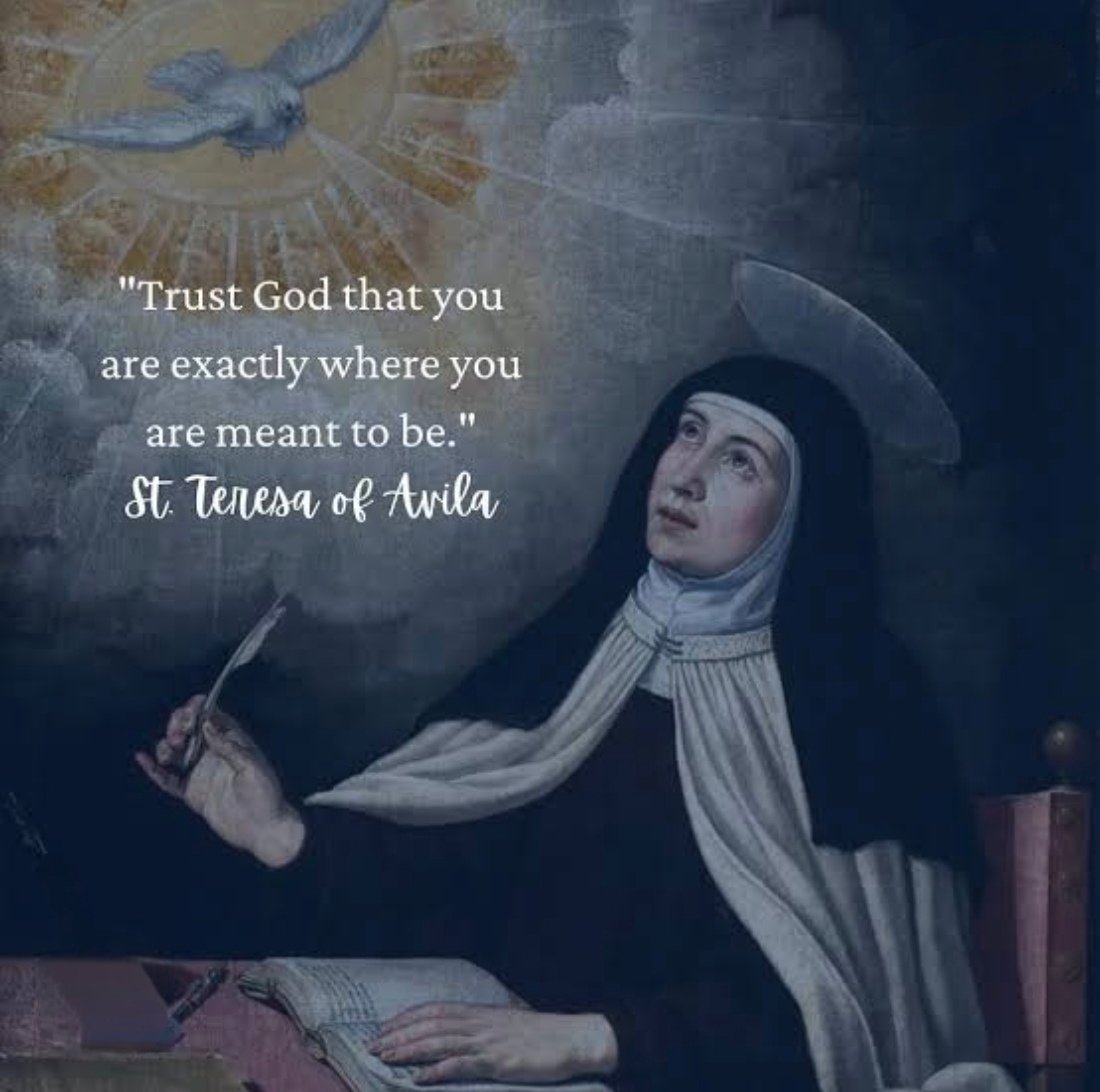BC_Chaplaincy's tweet photo. Happy Feast of St Teresa of Avila!🙏❤️ “Trust God that you are exactly where you are meant to be.” ✨ May we embrace each day with joy, trust his timing, and rest in the assurance that God is with us and guiding us every step of this life! St Teresa, pray for us! ❤️‍🔥 https://t.co/gvmBpUsI7U