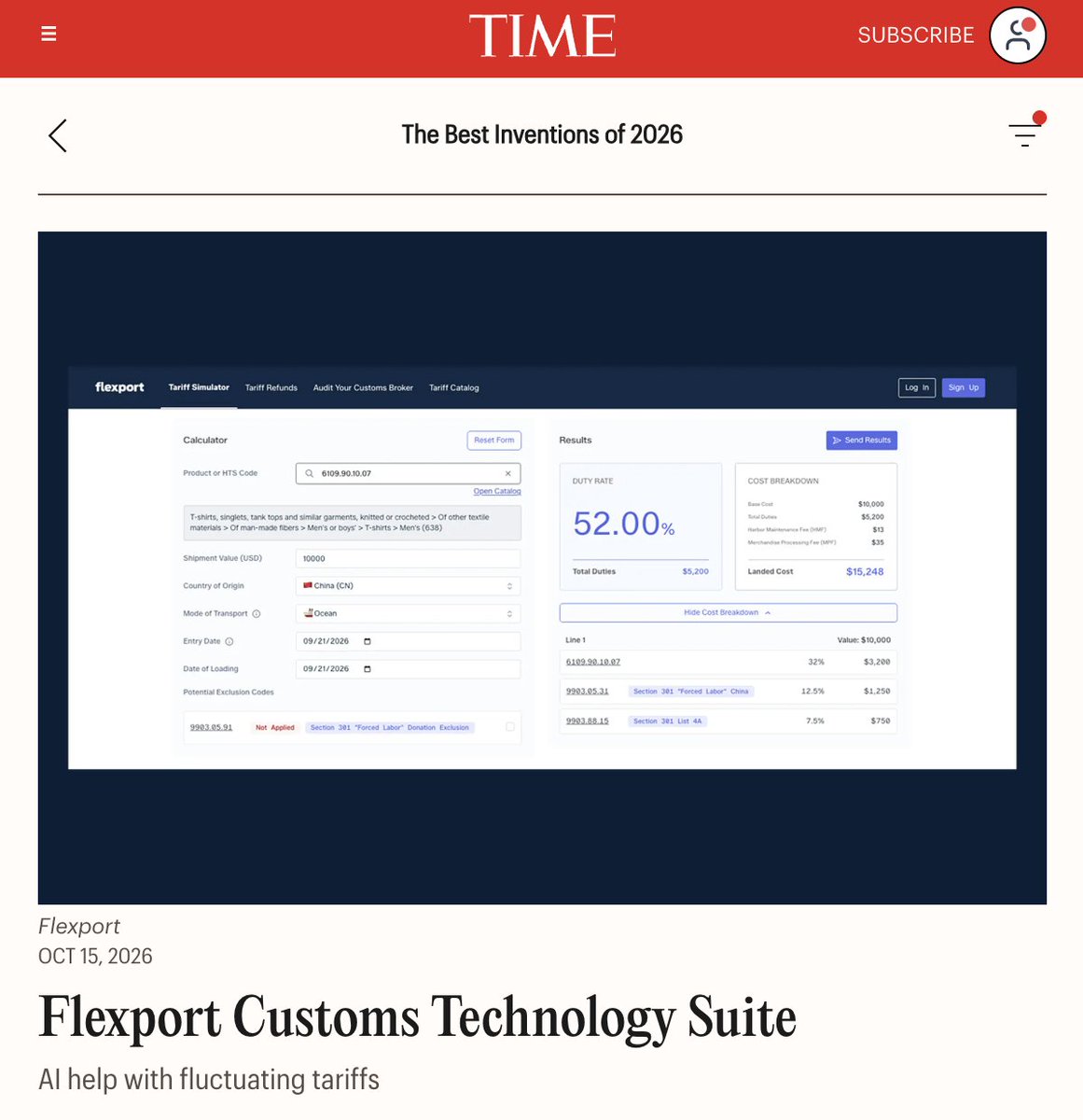 typesfast's tweet photo. Flexport Customs Technology Suite wins Time Magazine best inventions of 2026. https://t.co/BJ9wLUgYPR