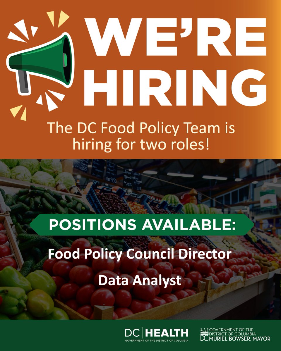 _DCHealth's tweet photo. 🌱 DC Health is hiring a Food Policy Data Analyst! Help build dashboards and tools that track food access, the local food economy, and more, all to support a healthier, more equitable District. Apply today! 📊💙
Visit https://t.co/8mbJOY9alH and enter Job ID33676 https://t.co/wfCwL2UyqH