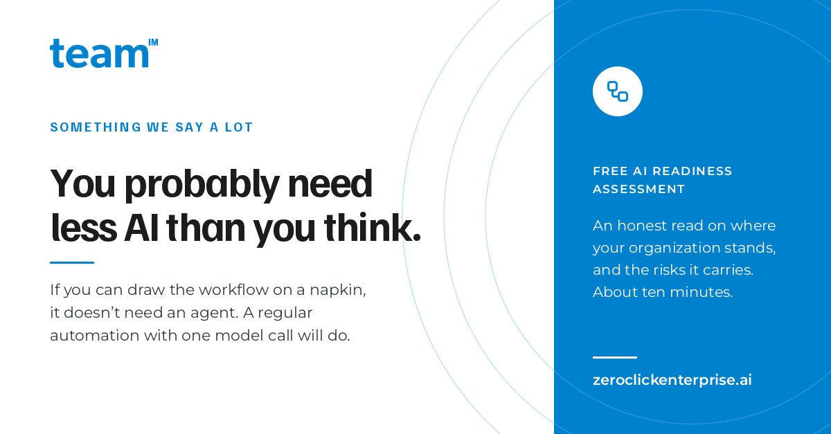 TEAMInformatics's tweet photo. A lot of the AI projects we're asked about don't need an agent. If you can draw the workflow on a napkin, a regular automation with one model call is cheaper and easier to audit.

Free 10-minute AI Readiness Assessment: https://t.co/Vb4u5lhorq https://t.co/OPZAiw5iwb
