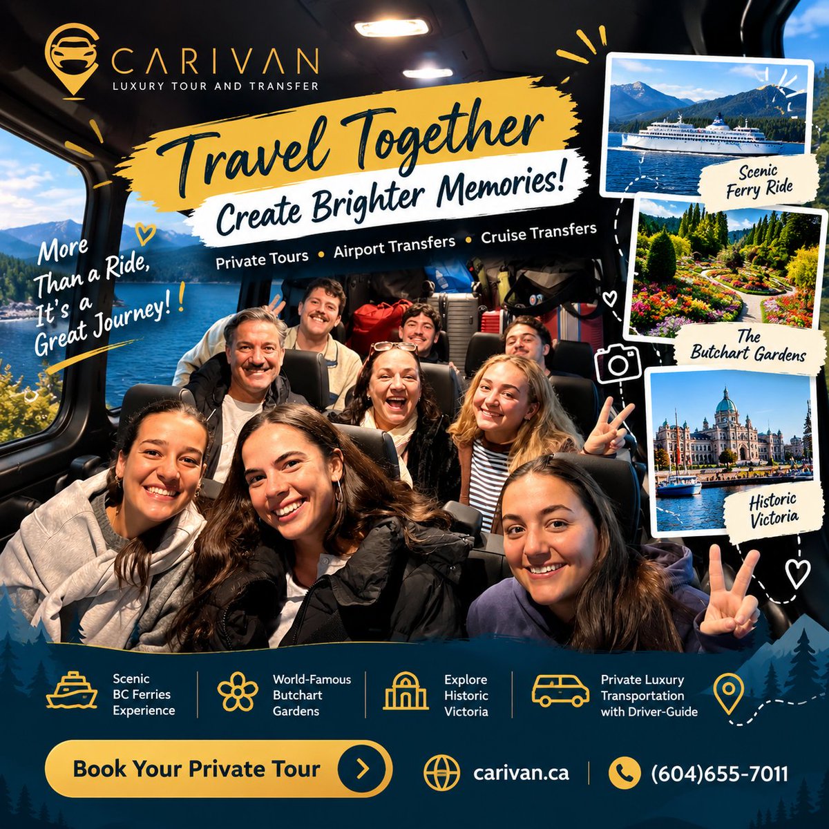 carivan_ca's tweet photo. 🚐 A van full of smiles. A journey full of memories! 😄

At CARIVAN, the best part of traveling is sharing the experience.

🏔️ Private tours
✈️ Airport transfers
🚢 Cruise transfers
You bring the smiles. We handle the ride!
🔗 https://t.co/qpkCKXu7j1

#Carivan #ExploreBC https://t.co/BCCwTPthlh