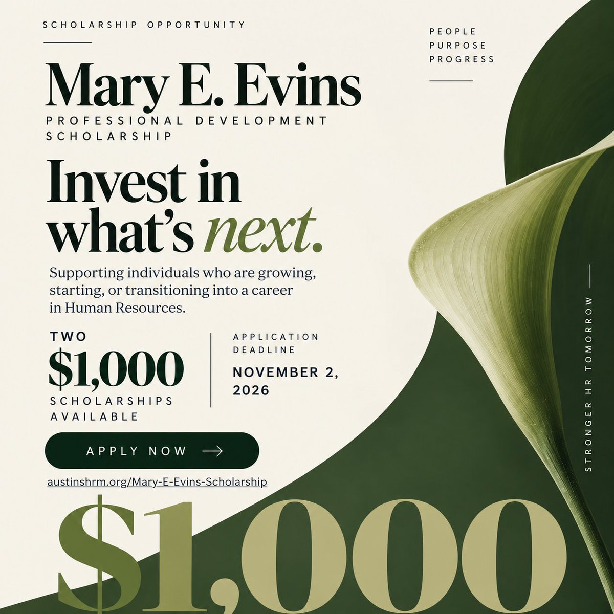 AustinShrm's tweet photo. What could $1,000 help you do next? 👀

We’re awarding TWO $1,000 Mary E. Evins Scholarships to support those growing, starting or transitioning into HR. 💚

📅 Apply by Nov. 2
✨ Invest in what’s next.

Apply: https://t.co/YiLld4EQw8 https://t.co/iR5saxupmZ