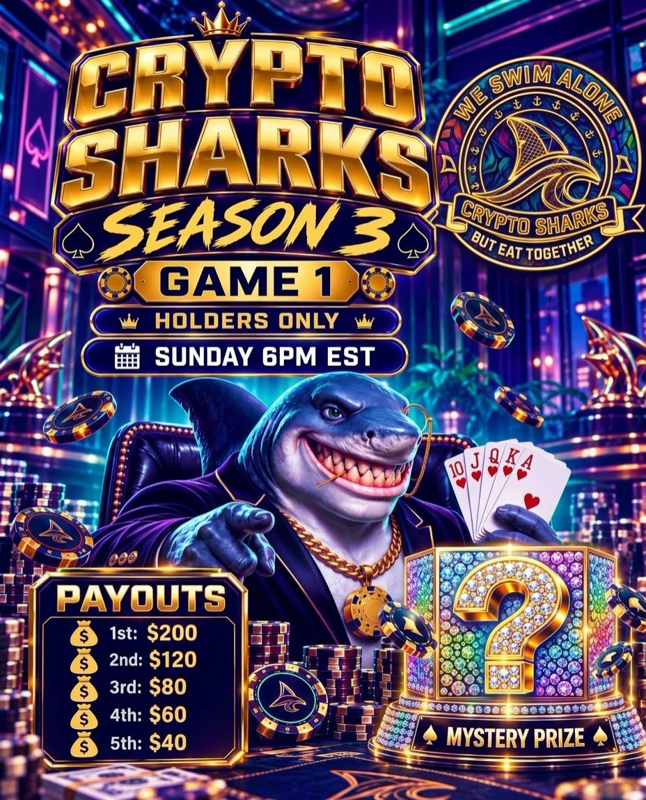 Cryptodred1's tweet photo. Crypto Sharks Season 3 is officially here! 🦈🔥

​If you were with us for Seasons 1 & 2, you already know how we roll. 

Prior to this, we ran two epic 8-week series—and gave away a Lil Pudgy Penguin at the end of EACH ONE! 🐧💥
​We’re bringing that same energy for Season 3.

​🏆 Game 1 | this Sunday @ 6 PM EST (Holders Only)
​Who’s taking the crown this season? ♠️🦈 

"WE SWIM ALONE BUT WE EAT TOGETHER!