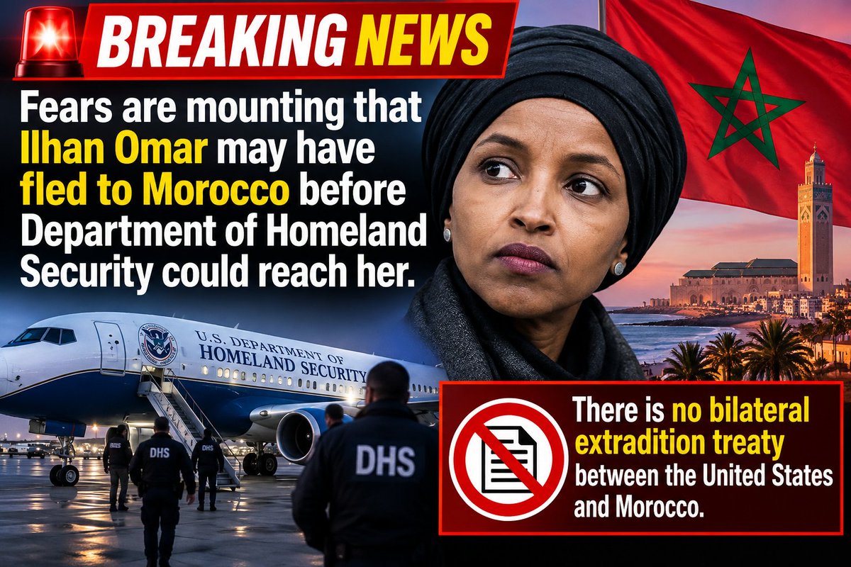 nuur1_nuur's tweet photo. 🚨 BREAKING NEWS 

There are suspicions indicating
 that Ilhan Omar may have fled to #Morocco before Department of Homeland Security  #DHS could reach her.
There is no bilateral extradition treaty between the United States and Morocco. https://t.co/LTHo8YJWBC
