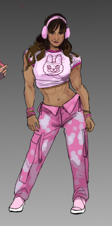 dvveet's tweet photo. I've seen a lot of love for the (most likely) now scrapped Survivor, Mina Kay, since I first posted about her last year. Here's all the information I knew about her in one post.

> Mina Kay was entirely referencing the world and fantasy of WWE and wrestling in general. She was largely inspired by Rhea Ripley, Becky Lynch, and Jang Eun-sil.

> Mina Kay was originally a Korean-American woman, as most of the references given of her to the art team were of Korean / East Asian wrestlers. The directors clarified that they wanted an AMERICAN woman only, and made her Caucasian instead. (Still puzzles me!)

> Mina Kay's story centered around her rise to fame in the bodybuilding and amateur wrestling world. She was working with a close friend of hers and they were meant to be a female duo but she betrayed her and signed a one-on-one contract instead. This skyrocketed her into fame as she left her friend behind. She works insanely hard to remain in perfect shape, and in perfect standing with her audience.

> She had a concepted Killer accompanying her, no I do not have any art. It would've been another world famous wrestler but a big name, long-standing figure. Someone that would do anything to keep their number one title intact and refuses to back down from anyone. I know at least one of the references was the Tonya Harding case. 

> Her style would've been very girly as a counter to her rough and intimidating presence in the rink. Her Outfits would've ranged from various wrestling fits to event appearances and streetwear clothing.

> She was first drafted in early August 2024 with concept arts being done soon after in September. She was a part of a focus group which consisted of various Survivors. Including Vee Boonyasak (then DJ Mabini), Shane Wiigwaas (under a different name), Renjiro Yamaoka, and others. 

> She was intended to have a completely new female body type, which was likened to David King's stature and shape.

1. The first photo is Mina Kay when she was concept as Korean-American.
2. The second photo is Mina Kay's (already leaked, see below, but now in higher quality) store Cosmetic.
3. The third photo is another Mina Kay cosmetic, inspired by Sharon Tate.
4. The fourth photo was a variant of Mina Kay's (already leaked, see below) default but when she was momentarily drafted as Latina. She was still made Caucasian in the end.