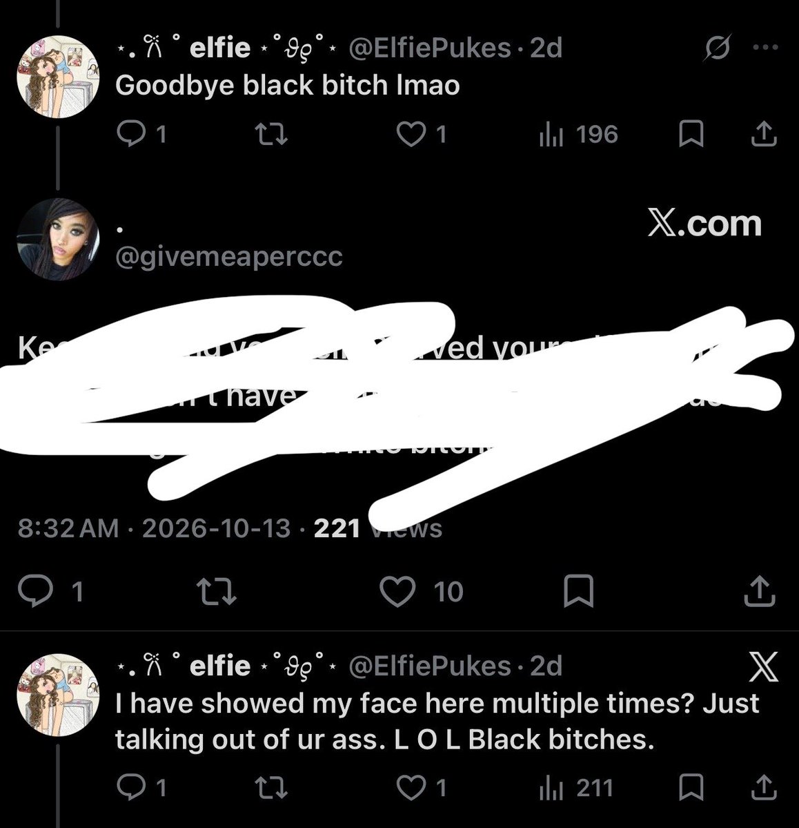 bonesnglory's tweet photo. so many people follow this racist bitch @ElfiePukes loser 😭 https://t.co/5Z4tPnJEg9