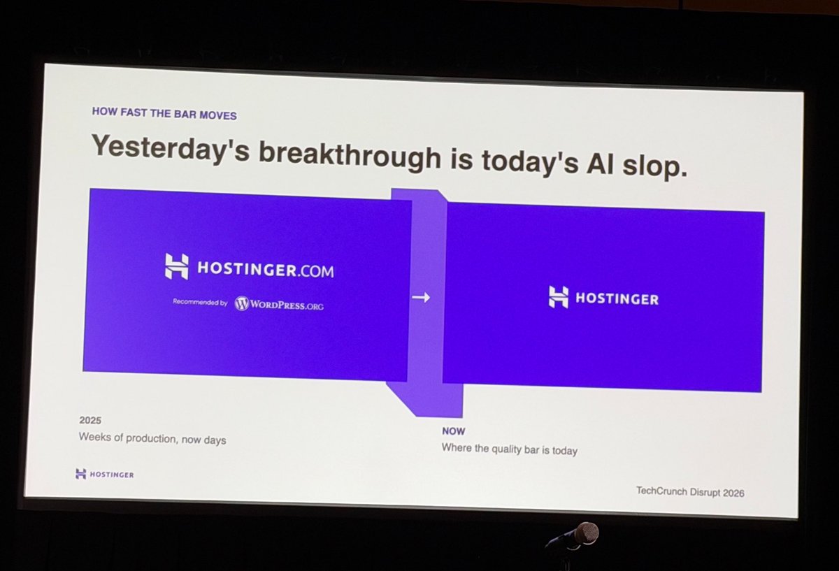 jjl13579's tweet photo. ”Yesterday’s breakthrough is today’s AI slop.” Well said. I think all AI products need to evolve significantly every 3 months or so, to stay alive. #TechCrunchDisrupt2026 https://t.co/vArAvs0ppl
