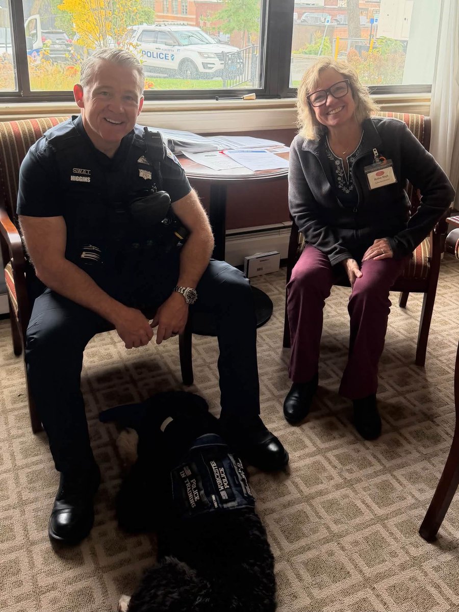 WorcesterPD's tweet photo. Sheruff Barkley and Officer Higgins visited with clients at the Lutheran Rehab on Harvard Street yesterday. https://t.co/QoiCmWTFTf