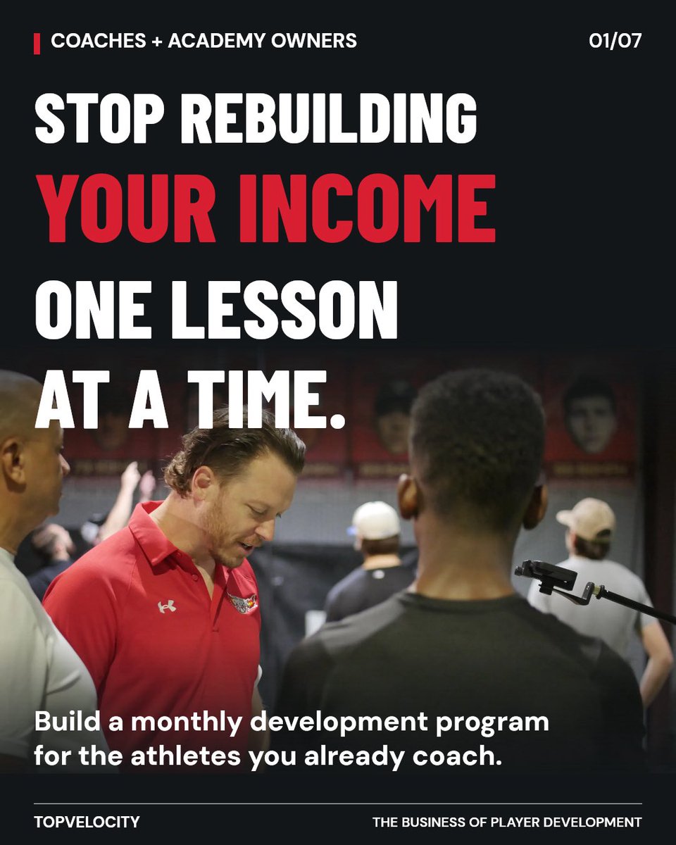 TopVelocity's tweet photo. Stop rebuilding your income one lesson at a time.

Coaches and academy owners: build a monthly development program for the athletes you already coach.

Give families a clear picture of what happens between visits:
→ A baseline assessment.
→ Assigned training.
→ Coaching check-ins.
→ A progress review and next steps.

Your staff sets the schedule and delivers the coaching. TopVelocity provides the training platform, programs, courses, certification and support behind your service.

Athletes can open their assigned programs in the Player Portal. Your staff can build on the organization’s training library.

Here are the costs to plan around:
• Individual Player Portal retail: $99/month per athlete.
• Organization license: $1,250/month for up to 30 athletes.
• At a full 30, that is $41.67 per athlete/month for the license. Coaching and operating costs are additional.

Keep your facility name and operate as “TopVelocity PC — Your Facility” under the co-branded Performance Center license.

Build your monthly development program. Open the Organization Portal link in our bio, choose your plan and register.

https://t.co/6kdfIShhvQ

#BaseballAcademy #BaseballCoaches #PlayerDevelopment #TopVelocity