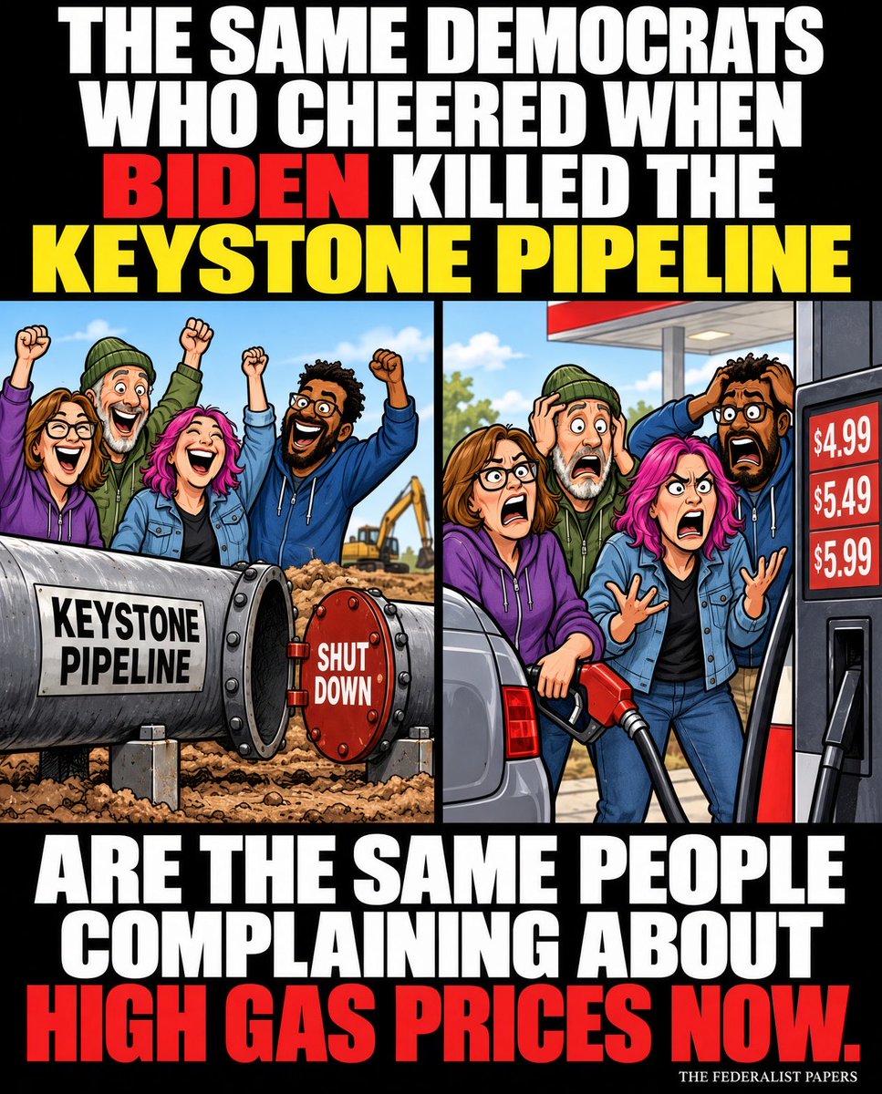 1109Patricia's tweet photo. They celebrated killing the pipeline like it was a New Year’s party, complete with cheers, raised fists, and pure joy that the oil wouldn’t be flowing anymore. 

Now they’re standing at the gas pump staring at $5 a gallon with the same shocked faces, acting like the high prices just fell out of the sky and had absolutely nothing to do with them.