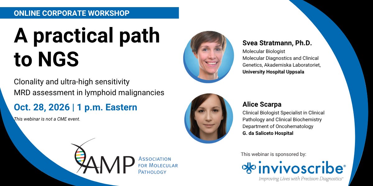 AMPath's tweet photo. FREE webinar ➡️A practical path to NGS: Clonality and ultra-high sensitivity MRD assessment in lymphoid malignancies

📅 Oct. 28 | 🕒 1 p.m. Eastern

https://t.co/Wf0jtAqPvt https://t.co/Z3eSmLUcRL