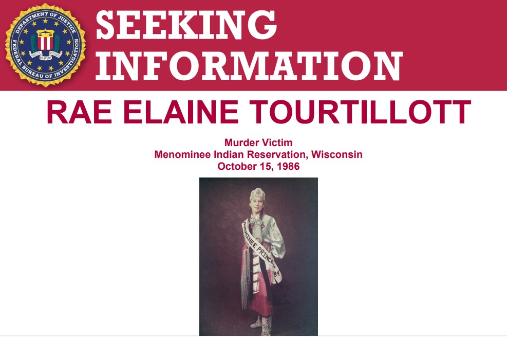 FBIMostWanted's tweet photo. The #FBI offers a reward of up to $50,000 for info leading the identification, arrest, or conviction of the person(s) responsible for the death of Rae Elaine Tourtillott, last seen alive on October 15, 1986, near the Tomow Overlook off of Old South Branch RD on the Menominee Indian Reservation in Wisconsin: https://t.co/j1PwMxVnT4