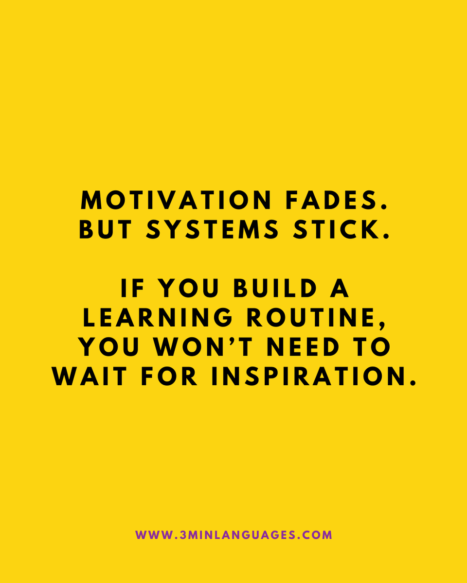 3MLanguages's tweet photo. Don’t wait for motivation; build a system.
 Routine > willpower.
 👉 Create your routine: https://t.co/zJMA7G83iy

#3MinuteLanguages #StudyIn3 #LanguageLearning #MicroLearning #Consistency #LearnFrench #LearnSpanish #LearnGerman #LearnItalian #LearnPortuguese https://t.co/R99x8gZAw5