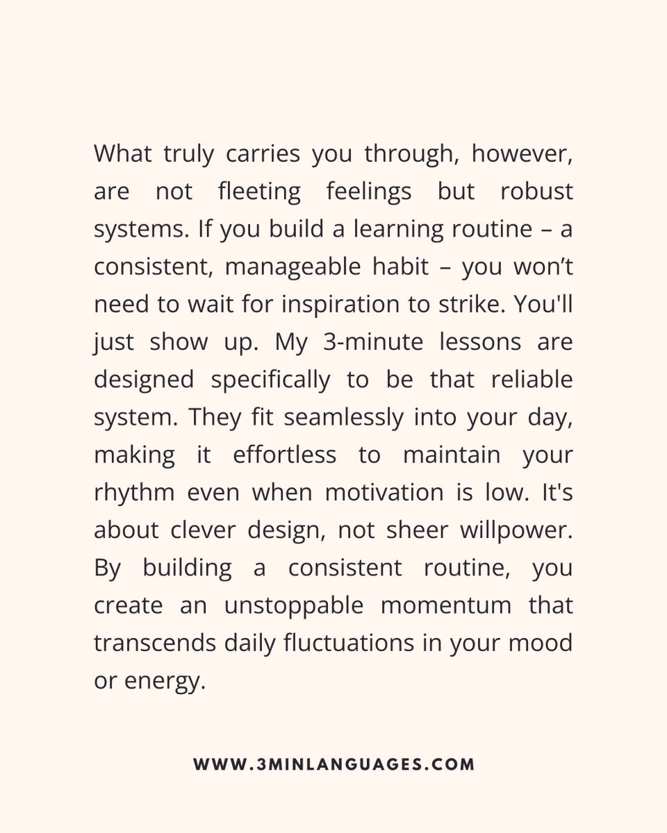 3MLanguages's tweet photo. Don’t wait for motivation; build a system.
 Routine > willpower.
 👉 Create your routine: https://t.co/zJMA7G83iy

#3MinuteLanguages #StudyIn3 #LanguageLearning #MicroLearning #Consistency #LearnFrench #LearnSpanish #LearnGerman #LearnItalian #LearnPortuguese https://t.co/R99x8gZAw5
