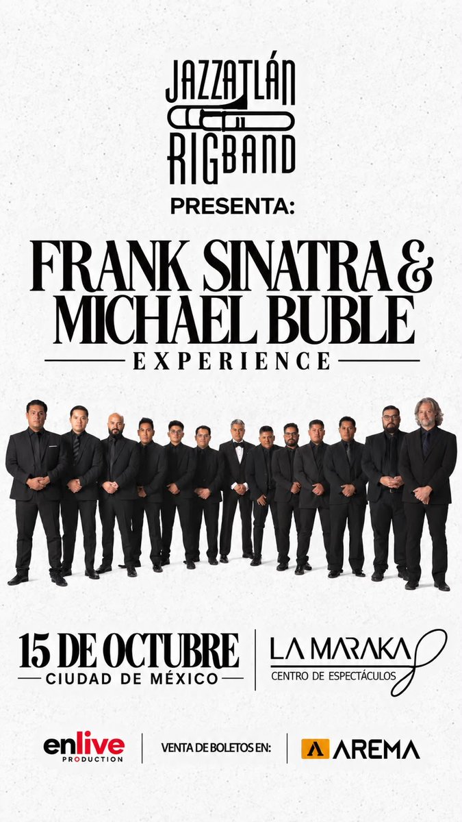CapitalinoMx's tweet photo. 🎷 ¡GANA PASE DOBLE! 🎟️
Disfruta el homenaje de Jazzatlán Big Band a Frank Sinatra y Michael Bublé en una noche llena de jazz. ✨
📅 15 de octubre 
🕘 21:00 h 
📍 La Maraka

Participa: 
❤️ Dale LIKE 
🔁 COMPARTE este post 
✅ SÍGUENOS 
📩 Envíanos tu NOMBRE COMPLETO. https://t.co/wWu8SyVXWg