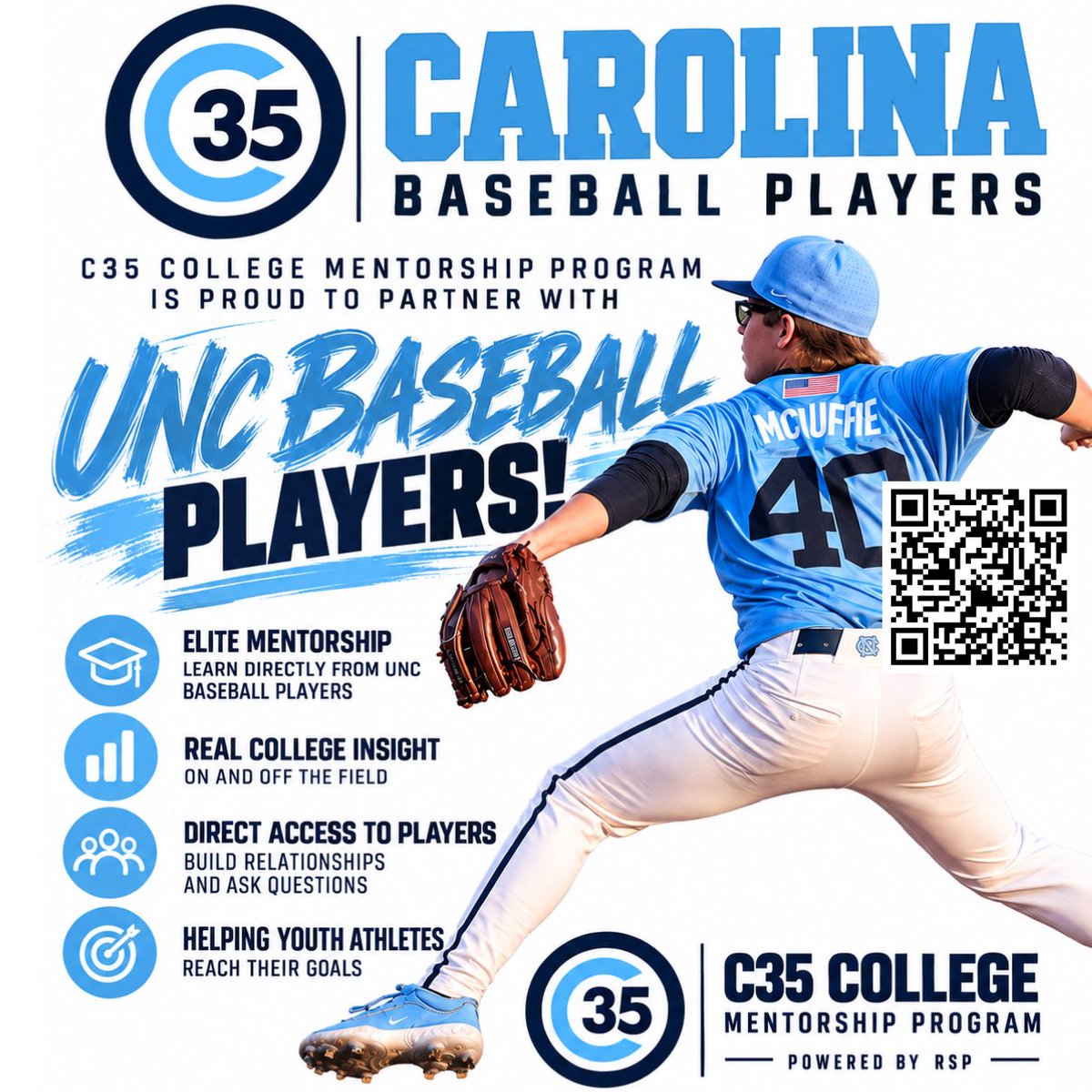 C35Advisors's tweet photo. 🚨PICK YOUR COLLEGE MENTOR🚨

Scan the QR code now to register with your favorite UNC baseball player.

-RSP APP
-Video review 
-feedback and recommendations 
-real player development on and off the field 
-24/7 chat feature 
-Virtual calls……………

Spots are limited!! https://t.co/JFtKZhjNIC