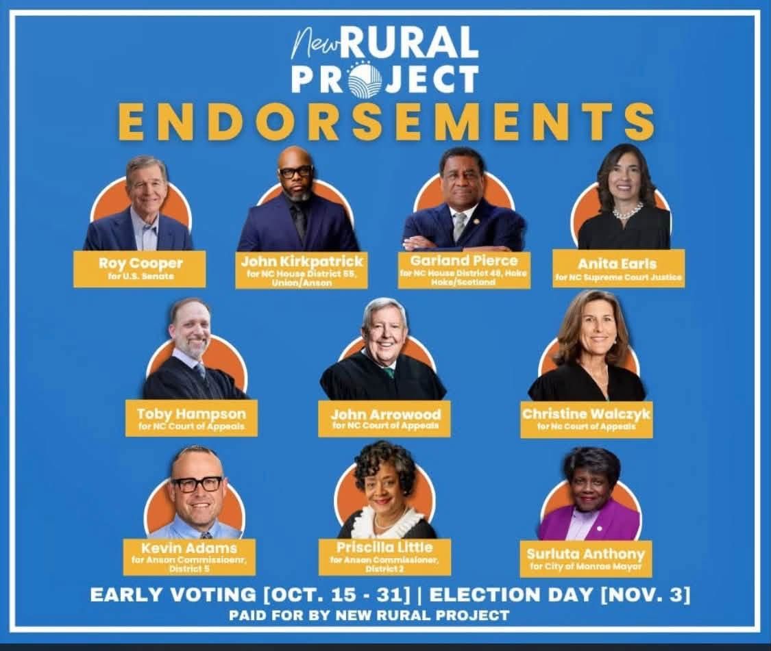 RobertBurnsNC's tweet photo. 🚨BEWARE NORTH CAROLINA

The New Rural Project is endorsing Roy Cooper and all these others, including Surluta Anthony, running for mayor of Monroe.

In 2023 they got $750,000 from George Soros's Open Society Foundations.

Cooper was asked if he'd sign a pledge rejecting the Democratic Socialists' agenda. His answer: "I don't see any need to."

They're coming for small towns. Go vote.
