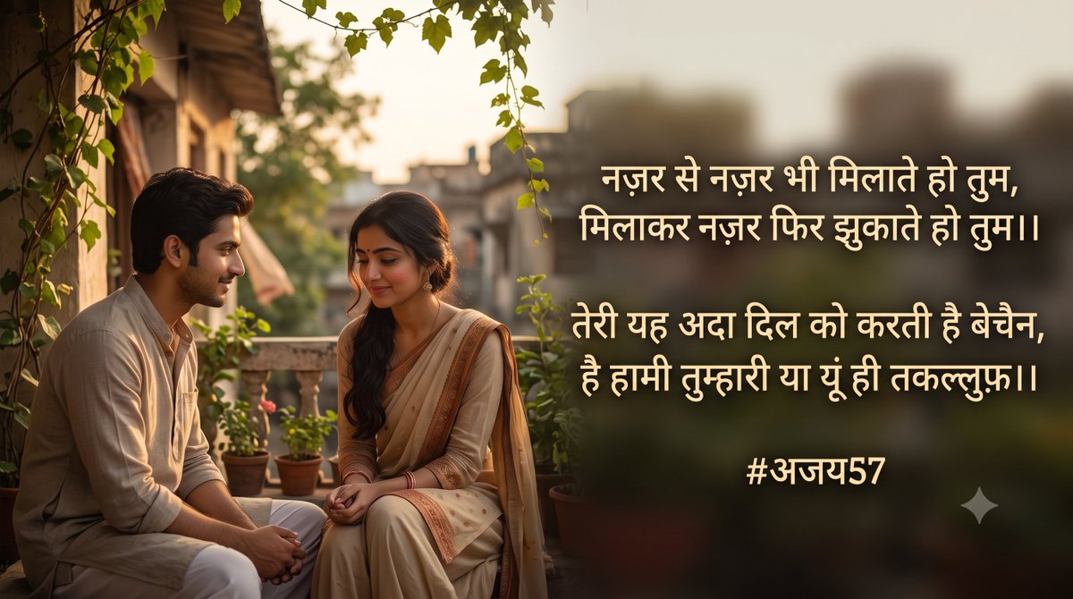 AjayKeshari21's tweet photo. @Queensugandha नज़र से नज़र भी मिलाते हो तुम,
मिलाकर नज़र फिर झुकाते हो तुम।।

तेरी यह अदा दिल को करती है बेचैन,
है हामी तुम्हारी या यूं ही तकल्लुफ़।।
#अजय57 https://t.co/ZWbEnf27Ts