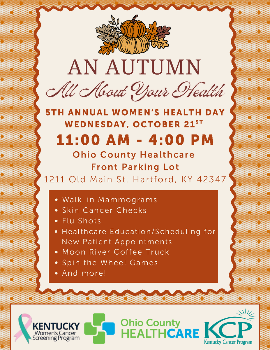 KyCancerProgram's tweet photo. 5th Annual Women's Health Day

Wednesday, October 21 | 11 AM-4 PM
Ohio Co Healthcare | 1211 Old Main St.

Join us for a day All About Your Health! https://t.co/6oBttJuc90