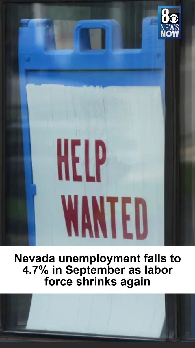 8NewsNow's tweet photo. Nevada’s unemployment rate continued to decline in September, falling to 4.7%. The shrinking labor force was a factor again, overshadowing a smaller increase in overall jobs. #8NN  https://t.co/LRMF12c19n https://t.co/FRqnLucMd5