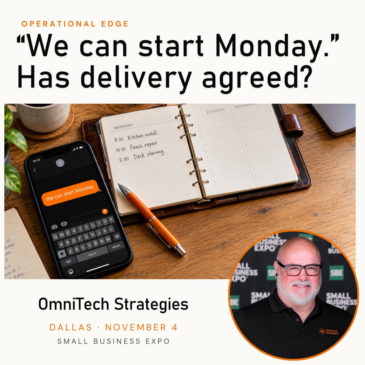 tekprofessional's tweet photo. “We can start Monday.” Has delivery agreed? Before promising a date, confirm capacity, scope, and customer expectations.
Dallas: Small Business Expo, Nov 4.

Sound familiar? Message me “CONNECT”—let’s talk sales-to-delivery handoffs. #trusttheprocess #revops https://t.co/eKc65IX8rh