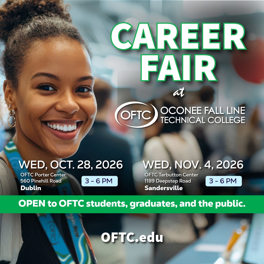 OconeeFallLine's tweet photo. 💼 Meet employers at OFTC’s Fall Career Fairs! Check out the list of attending employers and make plans to join us!

🔗 Visit https://t.co/F043U1meT9 ➡ Search “Career Fair” for dates, times and details! 💚🖤 https://t.co/ELucdm1M8b