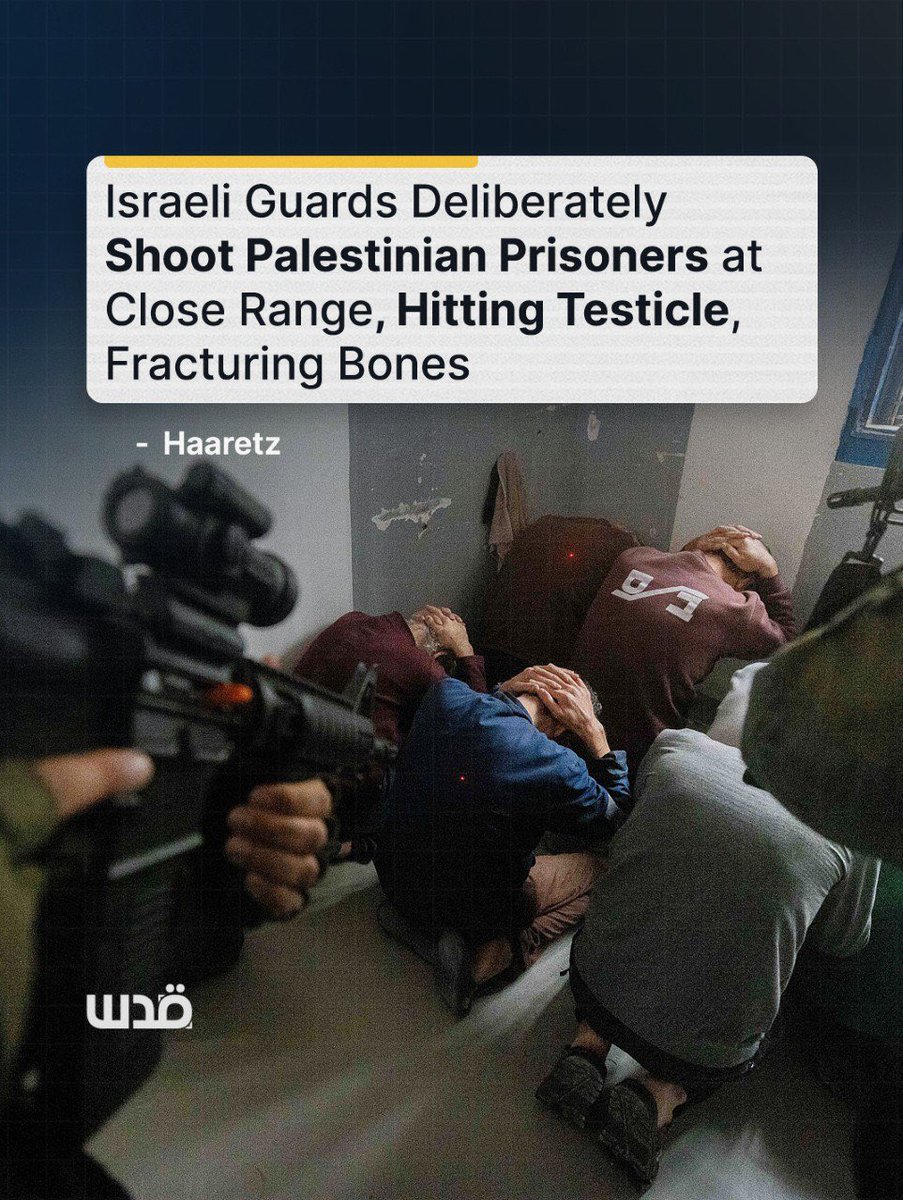 QudsNen's tweet photo. Israeli prison guards are firing rubber bullets at close range into cells, yards, and even lawyer waiting rooms, severely injuring Palestinian prisoners, Haaretz reports. 

In one case at Ktziot prison, a prisoner's testicle was "completely mutilated" and surgically removed, after he said guards kicked him in the testicles during a search and a rubber bullet fired through his cell door later hit the same testicle. "I looked like a butchered animal," he said. 

Another prisoner needed surgery for a fractured tibia. Physicians for Human Rights and the Public Committee Against Torture documented 21 cases and warn of an "unprecedented escalation," with shooting becoming "another routine way to apply violence in prisons." The Israel Prison Service dismissed the findings as "a worldwide smear campaign."