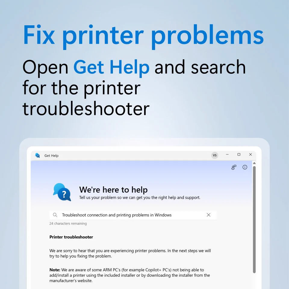 Text above a partial screenshot of Get Help on Windows says fix printer problems – open Get Help and search for the printer troubleshooter.