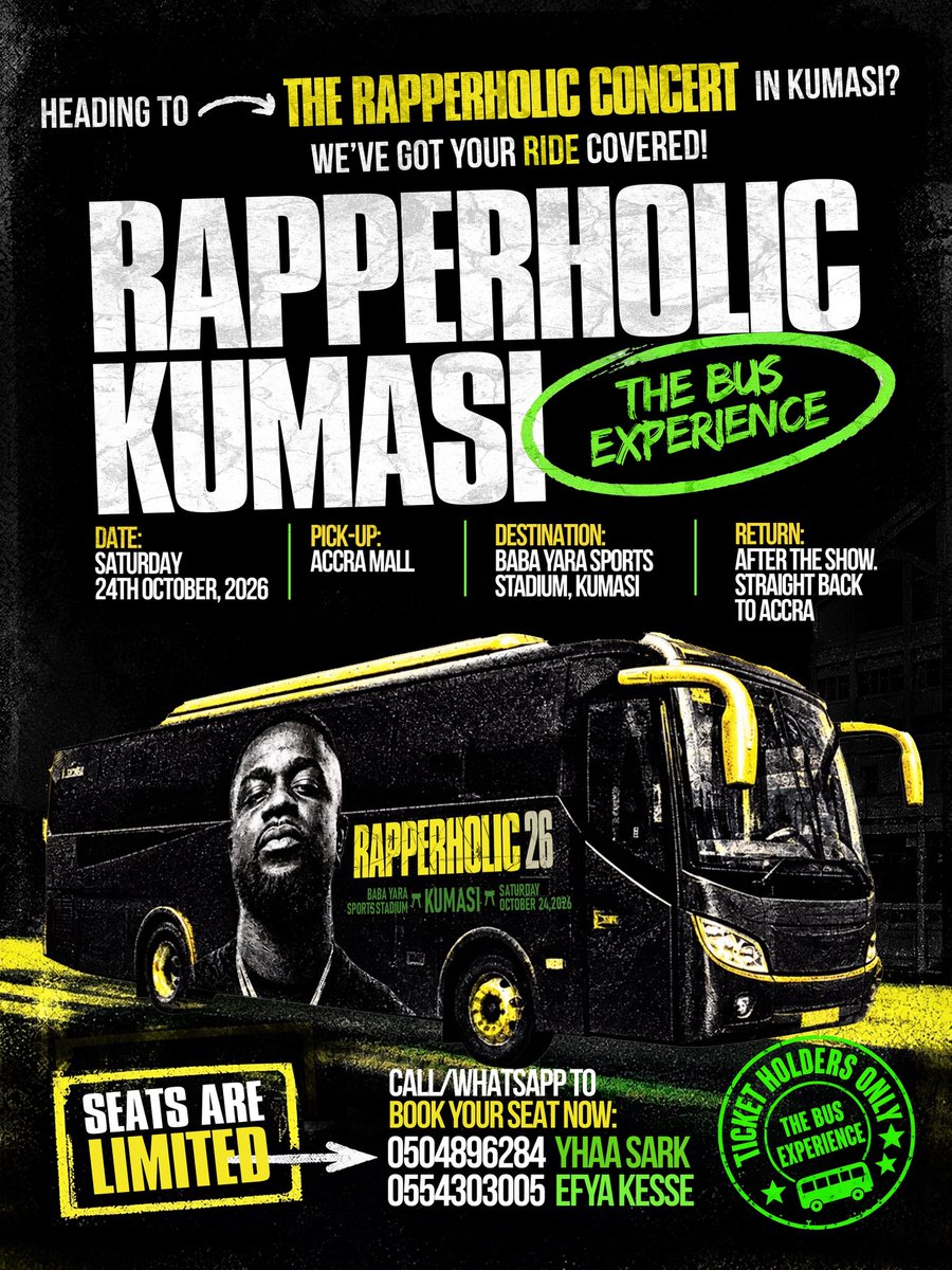 sarkodie's tweet photo. We got something for fans with tickets in Accra “The Bus experience” #RapperholicKumasi26 Link up !! https://t.co/ifCNfZlHIc