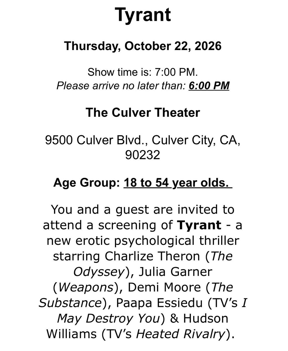 hudsonwupdates's tweet photo. ‘TYRANT’ starring Hudson Williams will have a private test screening on October 22 at The Culver Theater in California! 🎬

A select number of audiences will be invited to participate in market research ahead of the film’s release.

🎟️ More information: https://t.co/yoxo8ZEMlC https://t.co/RBwU4BwutF