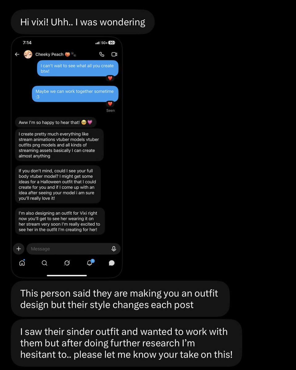 vixioffline's tweet photo. I was going to stay quiet because AI will always happen but after finding out they’re trying to get customers using my name I know they use AI everywhere.  They even wanted $100–150 USD upfront with instalments later on while claiming I’d use the outfit. https://t.co/5keL4tVGgh