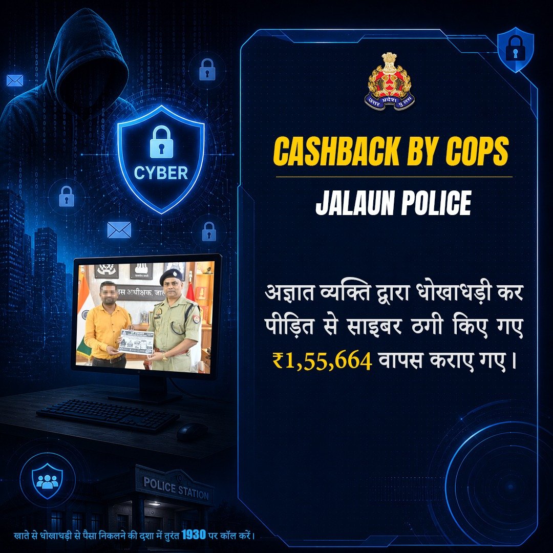 Uppolice's tweet photo. अज्ञात व्यक्ति द्वारा क्रेडिट कार्ड के माध्यम से पीड़ित से साइबर ठगी किए गए ₹01 लाख 55 हजार 664 @jalaunpolice द्वारा पीड़ित को वापस कराए गए।

खाते से धोखाधड़ी से पैसा निकलने की दशा में तुरंत 1930 पर कॉल करें या https://t.co/W7HzGMfw1t पर शिकायत दर्ज करें।

#UPPCracksCyberCrime 
#UPAgainstCyberCrime 
#CyberSafeUP
