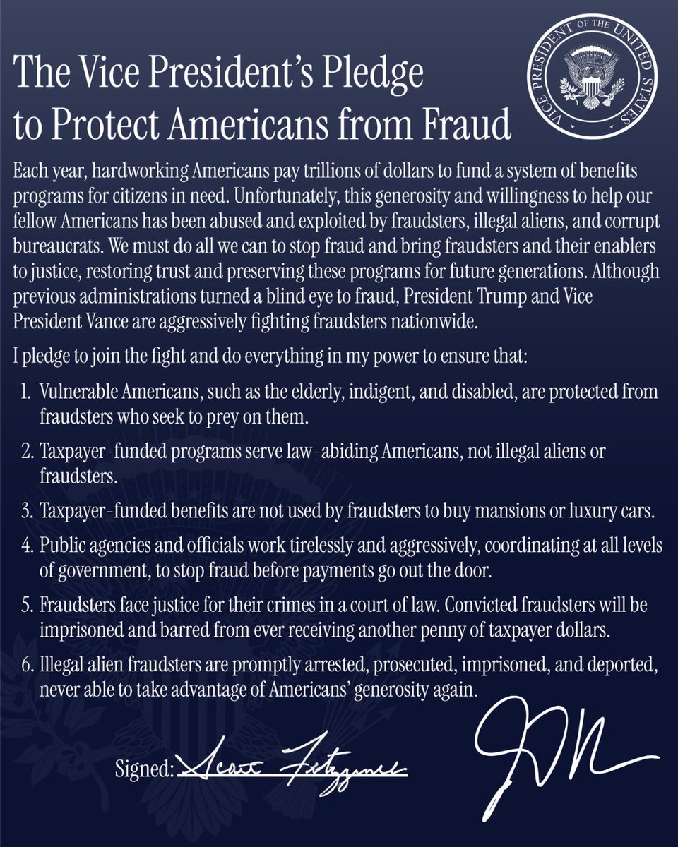 A formal dark blue pledge document about preventing fraud in U.S. benefits programs. It has a large heading, several paragraphs and a numbered list, a presidential seal near the top right, and handwritten signatures at the bottom.