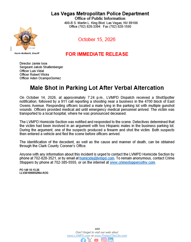 LVMPD's tweet photo. Click below for more information on the homicide that took place on October 14, 2026, at a business in the 4700 block of East Owens Avenue. https://t.co/h5I1PciVzB
