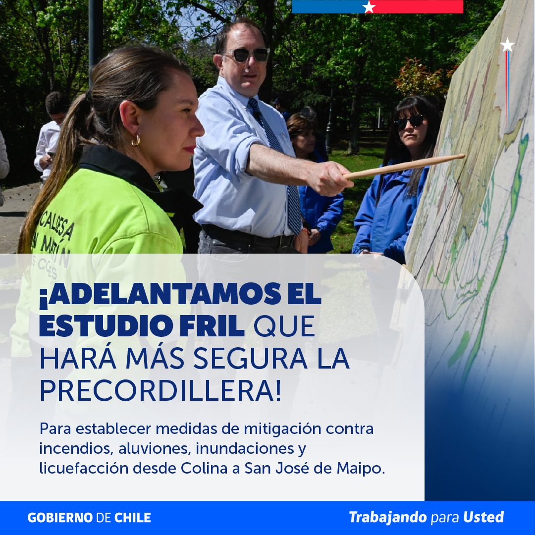 Minvu's tweet photo. 🏔️ Adelantamos el Estudio FRIL: identificará riesgos de incendios, remoción en masa, inundaciones y licuefacción en la precordillera, entre Colina y San José de Maipo, para proteger a las familias de 9 comunas. Prevenir hoy es construir un Santiago más seguro 🛡️ https://t.co/xSHysOdIAQ