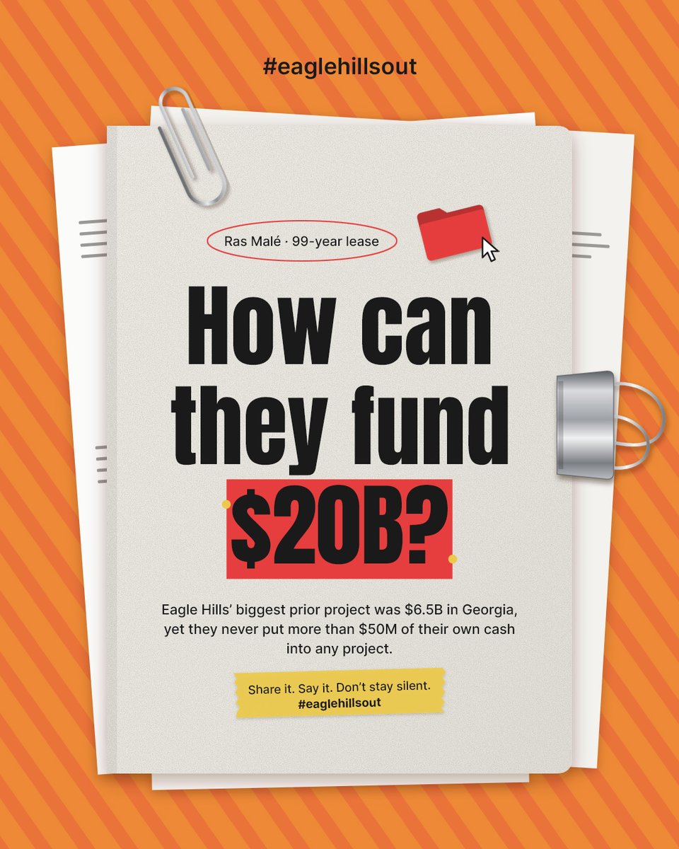 Consiglieremv's tweet photo. #EagleHillsOut #MvAgainstZionists #AlabbarOut #MuthoOut

How can they fund $20B? Eagle Hills' biggest prior project was $6.5B in Georgia, yet they never put more than $50M of their own cash into any project. https://t.co/cBQBzIxn7s