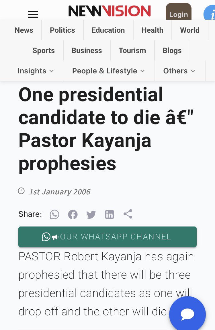 IsaacOpio's tweet photo. Pastor Robert Kayanja of the Miracle Centre Cathedral prophesied on December 31, 2005, that one of the presidential candidates would die ahead of Uganda's election.
•The Prophecy: Kayanja made the statement during a New Year's Eve service leading into the 2006 election cycle.
•Parliamentary Reaction: Members of Parliament raised concerns about the prediction, which caused public anxiety at the time.
•Outcome: The prediction did not come to pass, and none of the presidential candidates died before the 2006 election.