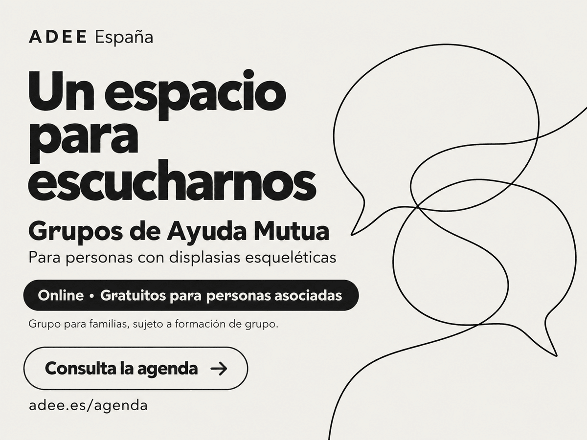 adee_esp's tweet photo. Un espacio para escucharnos 🤍

Grupos de Ayuda Mutua de ADEE España.
Online y gratuitos para personas asociadas con displasias esqueléticas.
🗓️ 28 de octubre · 19:00 h (peninsular)
Plazas por orden de inscripción.

https://t.co/gNAzqLgZ66 https://t.co/Bs01SBzLkU