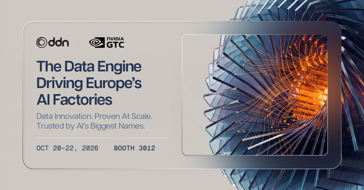 DDNintelligence's tweet photo. The future of AI is being built inside Europe's AI factories. 🏭 

DDN is heading to @NVIDIAGTC Berlin to showcase the data engine helping turn AI ambition into real-world performance. Discover AI Infrastructure proven at scale and trusted by AI's biggest names. 

🗓️ October 20-22, 2026 
📍 Booth #3012 
🔗 Book a meeting with DDN: https://t.co/gd6SrIxpir

Connect with DDN at #NVIDIAGTC to see what it takes to power the next generation of Europe's AI factories.