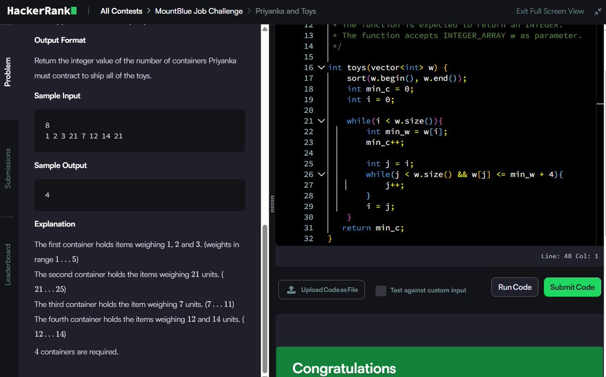 Muskanm_1227's tweet photo. Day 158/200 #200DaysOfCode | Daily DSA Practice ⚡

1. Counting Sort 1: O(N) TC | O(1) SC
2. Priyanka and Toys: O(N log N) TC | O(1) SC
3. Cavity Map: O(N²) TC | O(1) SC
4. Strange Counter: O(log t) TC | O(1) SC

Breakdown below 👇

#DSA #HackerRank #Cpp #Coding #Assessment https://t.co/tBAiFKTx3C