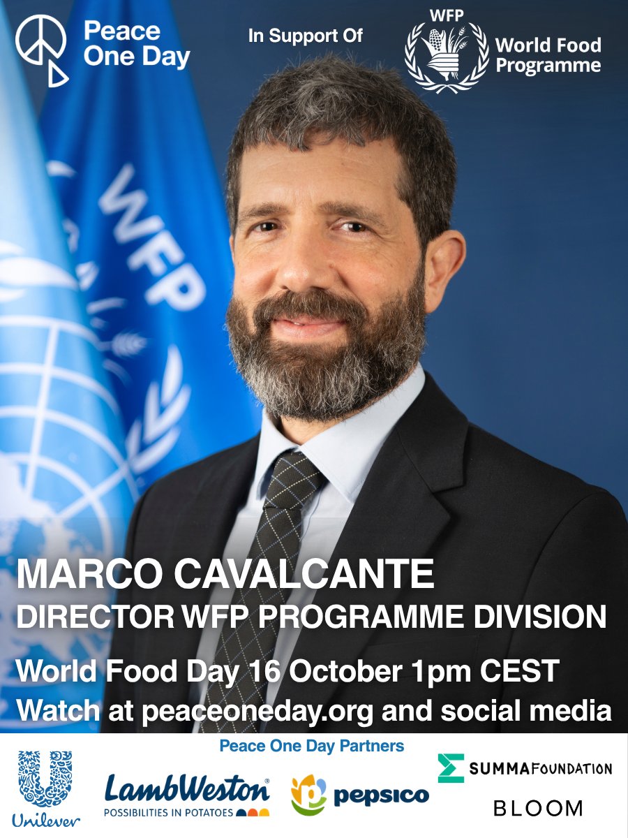 PeaceOneDay's tweet photo. Marco Cavalcante participates in the World Food Day Broadcast, 16 October 1pm CEST.

For more announcements and to watch the broadcast, follow our social media or visit https://t.co/ohGtDsCdkz

Join the World Food Day Challenge on ShareTheMeal and help provide 1 Million meals to families facing hunger. Donate here: https://t.co/eMUGgDHWb8

@WFP @ShareTheMealorg @Unilever @SummaEquity @LambWeston @PepsiCo Bloom

#WorldFoodDay #16October #FutureofFood #ZeroHunger #FoodSecurity #EndHunger #UN #PeaceOneDay #DoYourPeace #GlobalGoals #SDGs #TurnItAround #CyberNonViolence #JeremyGilley