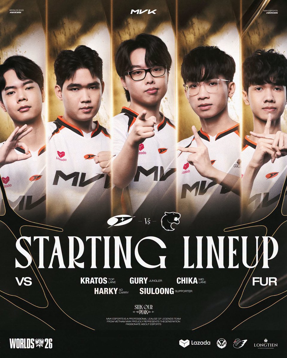 MVK_VN's tweet photo. WORLDS 26 - STARTING LINEUP

MVK officially announces their starting lineup for today's epic showdown against FUR:

TOP: KRATOS

JUNGLE: GURY

MID: CHIKA

AD CARRY: HARKY

SUPPORT: SIULOONG

Let's cheer for MVK, Homies! ৻( •̀ ᗜ •́ ৻)

#MVK #MVKWIN #Worlds26 https://t.co/heJe0h9ZIG