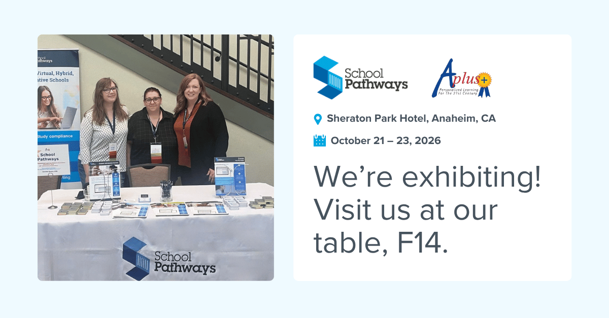 _SchoolPathways's tweet photo. Our team will be at the APLUS+ Network Conference, October 21–23, in Anaheim, and we’re looking forward to connecting with people and partners who make California’s flex-based education community so special.

If you’ll be there, come say hi! We're looking forward to connecting. https://t.co/S0AknzG7NK