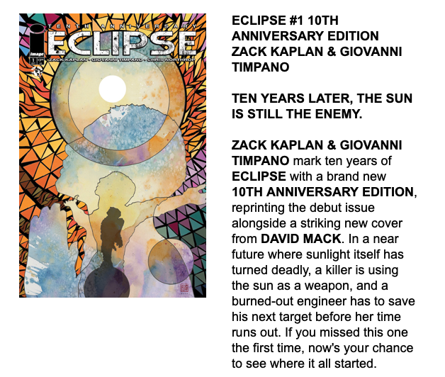 zackkaps's tweet photo. In stores now! @ImageComics @TopCow ECLIPSE #1 Commemorative 10th anniversary issue w @davidmackkabuki cover. 
This was my first comic and there's a ton of "making of" back matter in it! If you've never read Eclipse, or even if you have, get this while it lasts in comic shops! https://t.co/ANhiTmfJwq