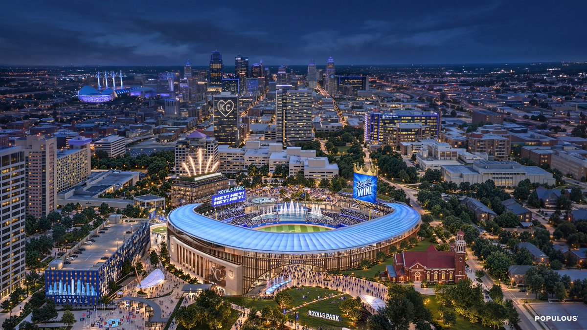 molzer's tweet photo. Here is a first look at the official renderings of the new Royals stadium coming to downtown KC in 2030 released today. 

This is going to be unreal for KC. 

Could not be more proud to be a Kansas Citian as we continue to challenge the status quo across the region. https://t.co/2Ke9pv2J7r