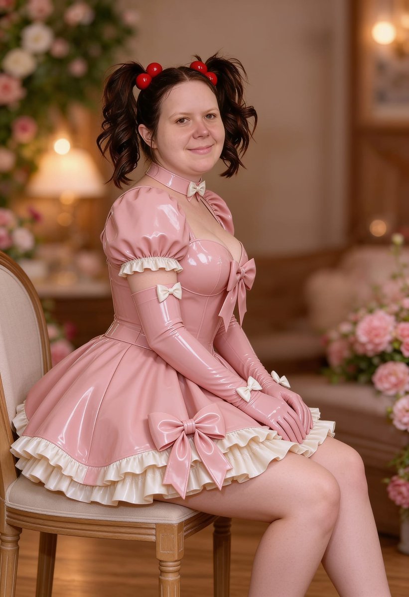 Lizzy1262629's tweet photo. Me on the chair. Pink PVC dress with white ruffles and bows, long gloves, cherry buns, roses and warm lights behind me.
#PinkPVC #WhiteRuffles #Bows #LongGloves #CherryBuns #FetishFashion #NSFW #Sitting #Roses #WarmLight https://t.co/pVog34a14b