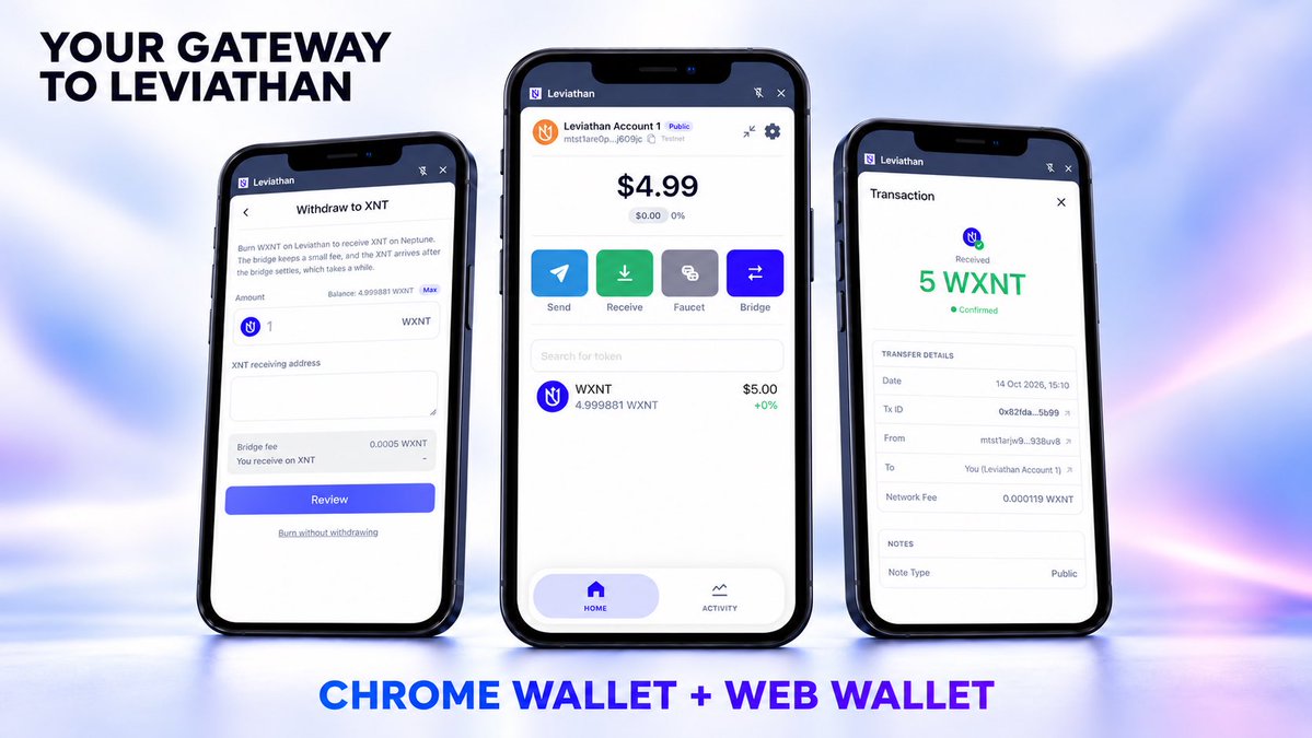 NeptunePrivacy's tweet photo. DID YOU KNOW?

You can already access the Leviathan public testnet through both our Chrome wallet and hosted web wallet.

There are two ways to start exploring Leviathan. Choose the Chrome extension or access the hosted wallet directly through your browser.

Both are live, marking two more completed milestones on our roadmap.

The roadmap is becoming reality, one milestone at a time.