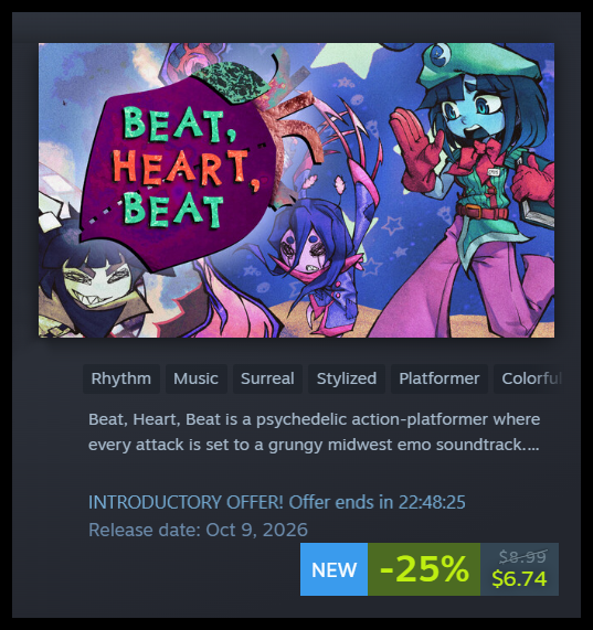 BHB_game's tweet photo. Less than 24 hours are left to get Beat, Heart, Beat on sale!

If you've been thinking about getting it, this is your chance! Buy it now for only $6.74! https://t.co/icE2zF2Z5E