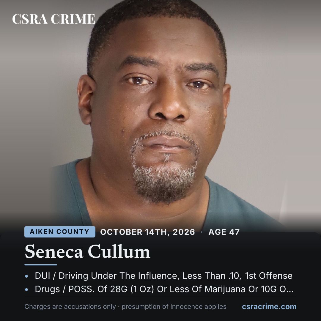 csracrime's tweet photo. Booked in Aiken County: Seneca Cullum. Booking listed DUI / Driving Under The Influence, Less Than .10, 1st Offense, along with a marijuana possession charge. Presumption of innocence applies.
#CSRACrime #Aiken
https://t.co/Iuik53NmMd https://t.co/njYZ20qiN3